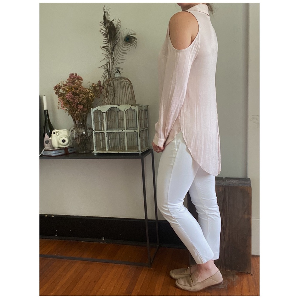 blush shoulder cutout high low blouse